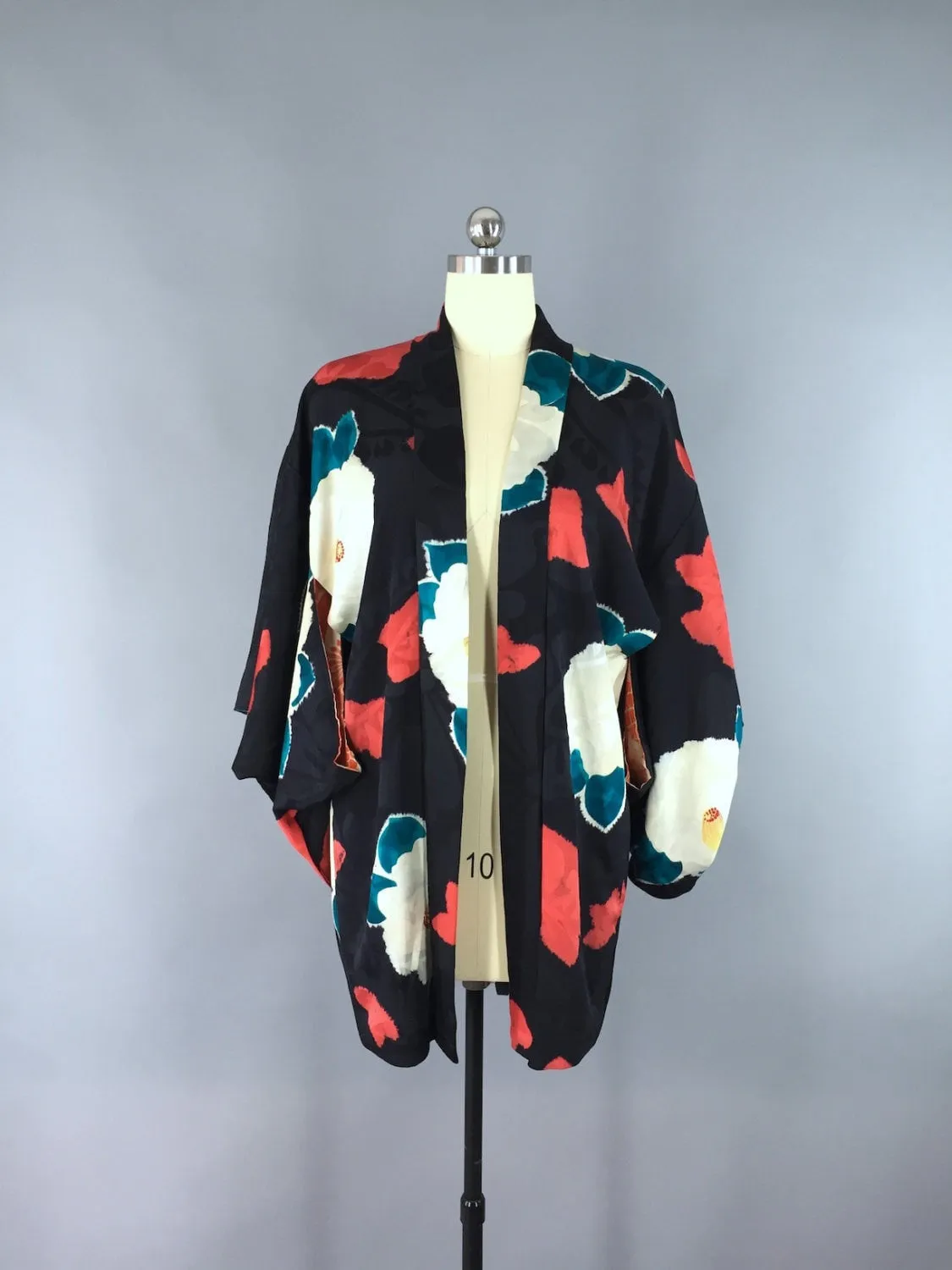 1940s Silk Haori Kimono Cardigan / Art Deco Black Floral