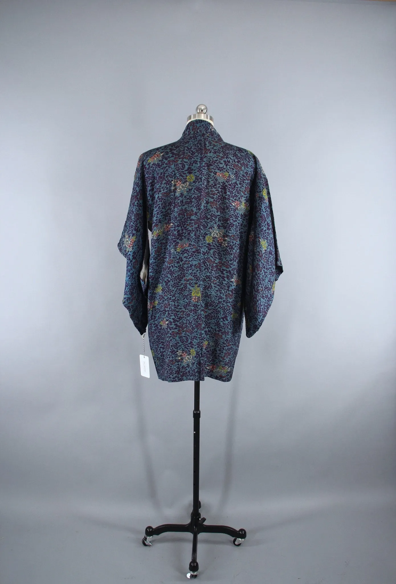 1950s Vintage Haori Kimono Cardigan Jacket in Blue & Purple Floral Print