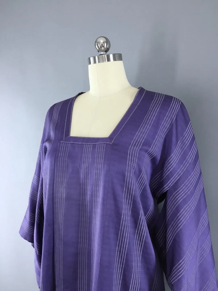 1980s Vintage Silk Kimono Jacket Michiyuki Coat with Lavender Purple Stripes