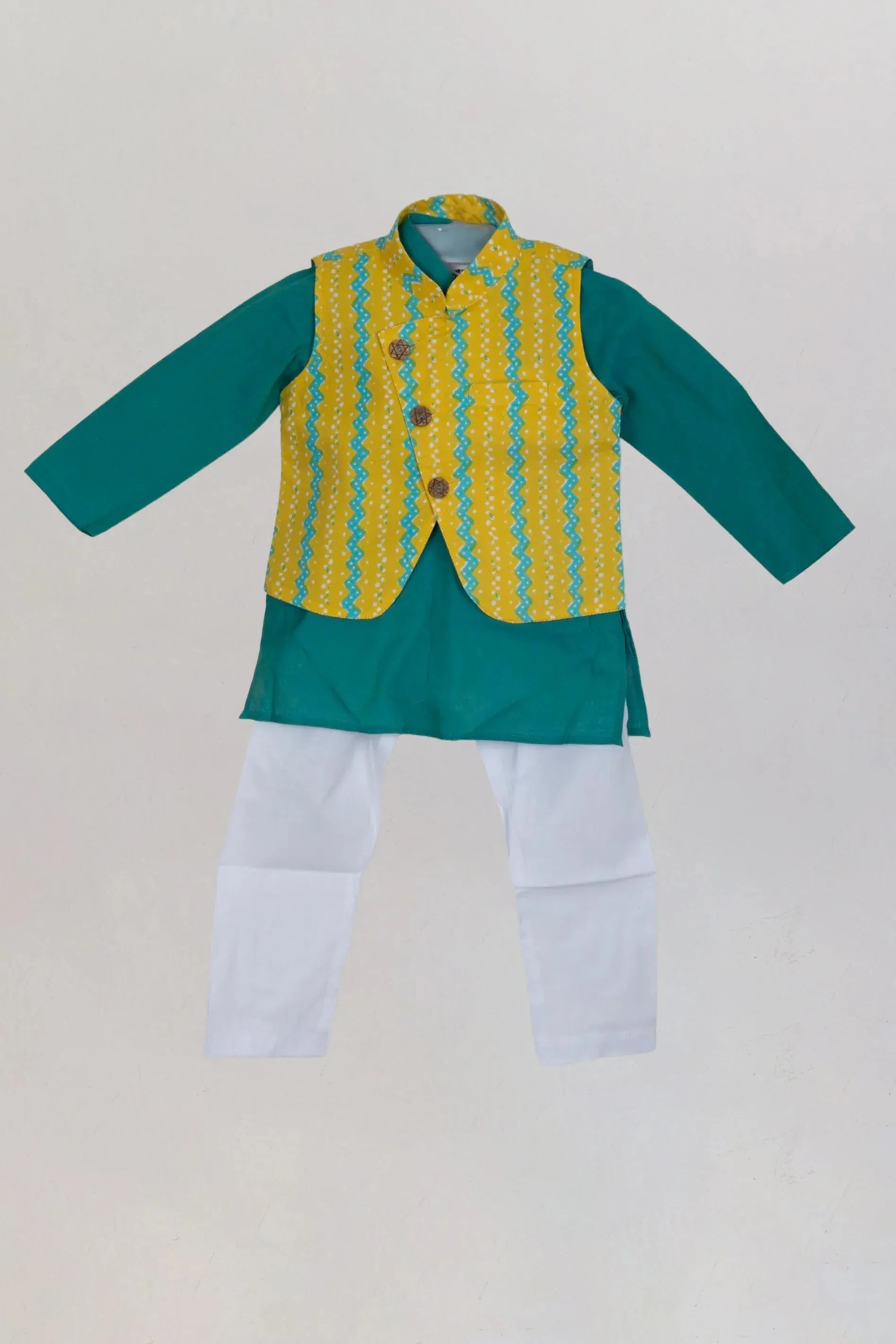 ABX.Smart Looks With Green Kurta And Overcoat With White Pants For Little Boys