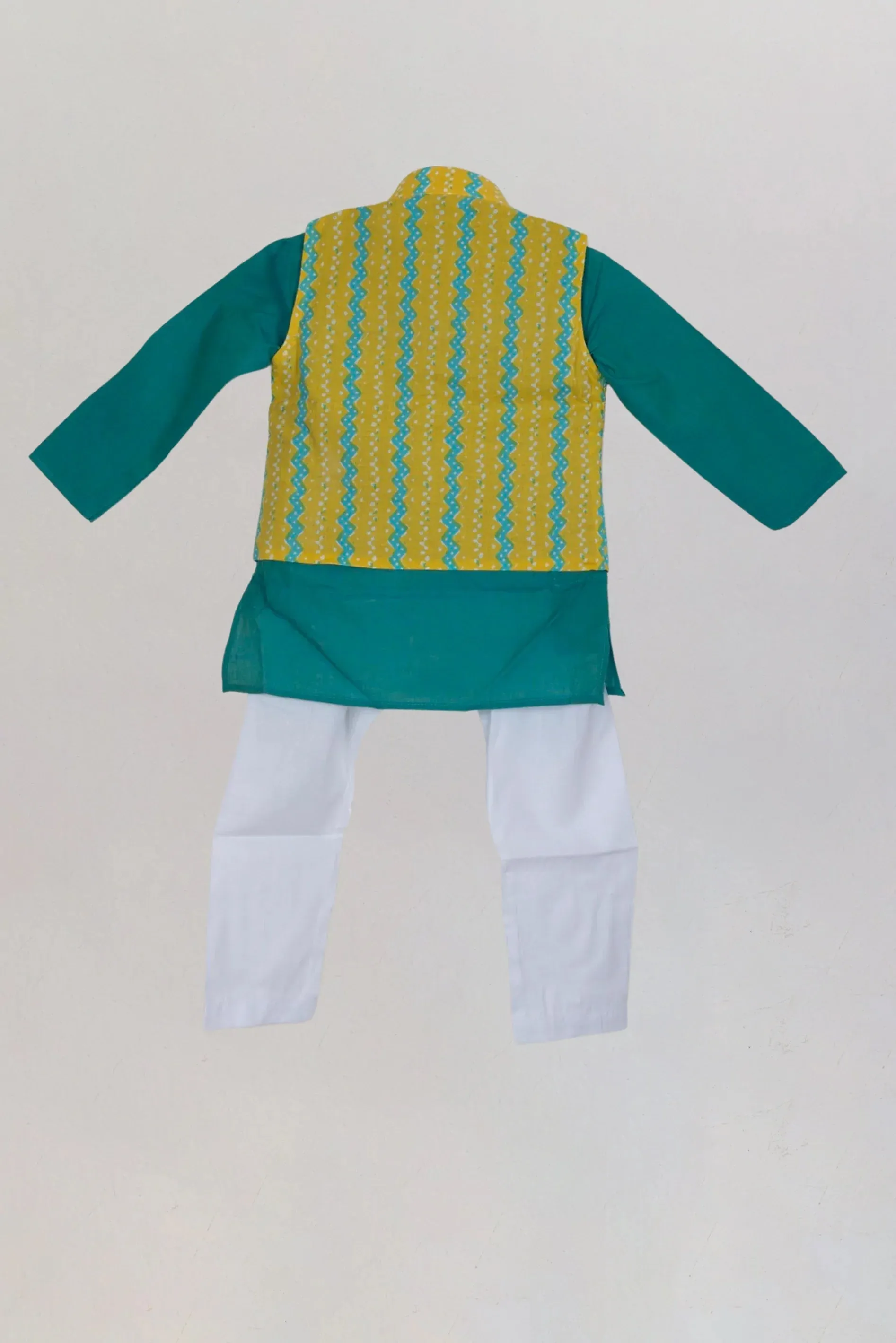 ABX.Smart Looks With Green Kurta And Overcoat With White Pants For Little Boys