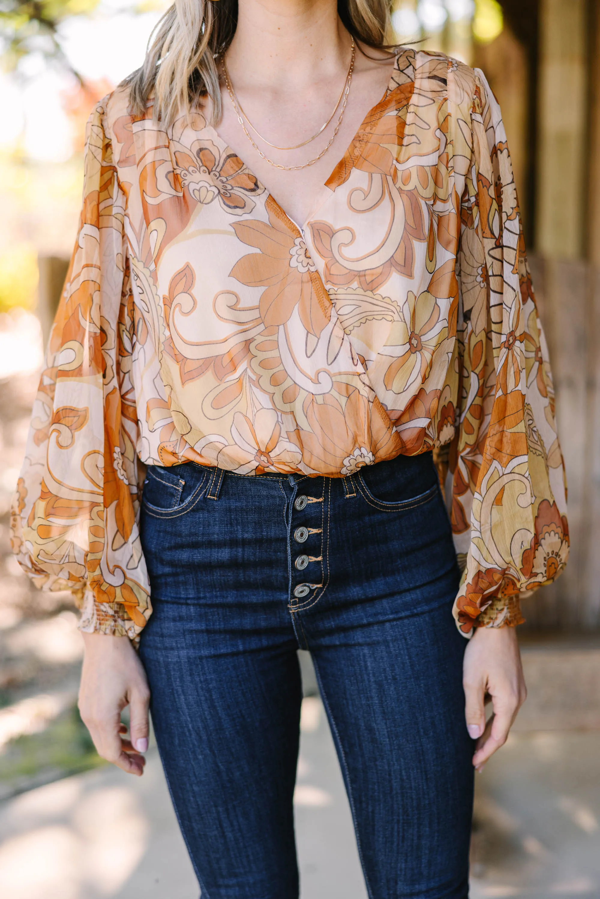 All For Love Camel Brown Floral Bodysuit