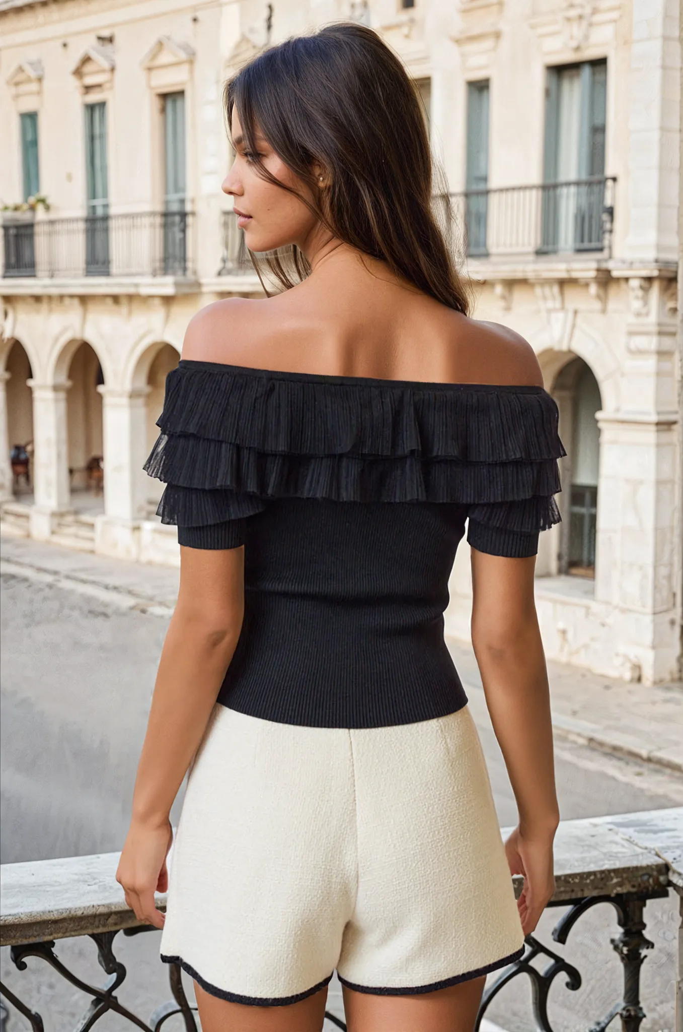 Allie Tulle Ruffle Off-Shoulder Ribbed Top