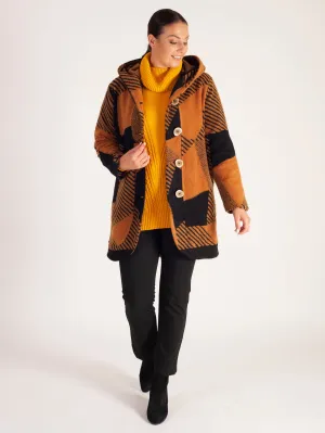 Amber/Black Patchwork Wool Mix Coat with Hood