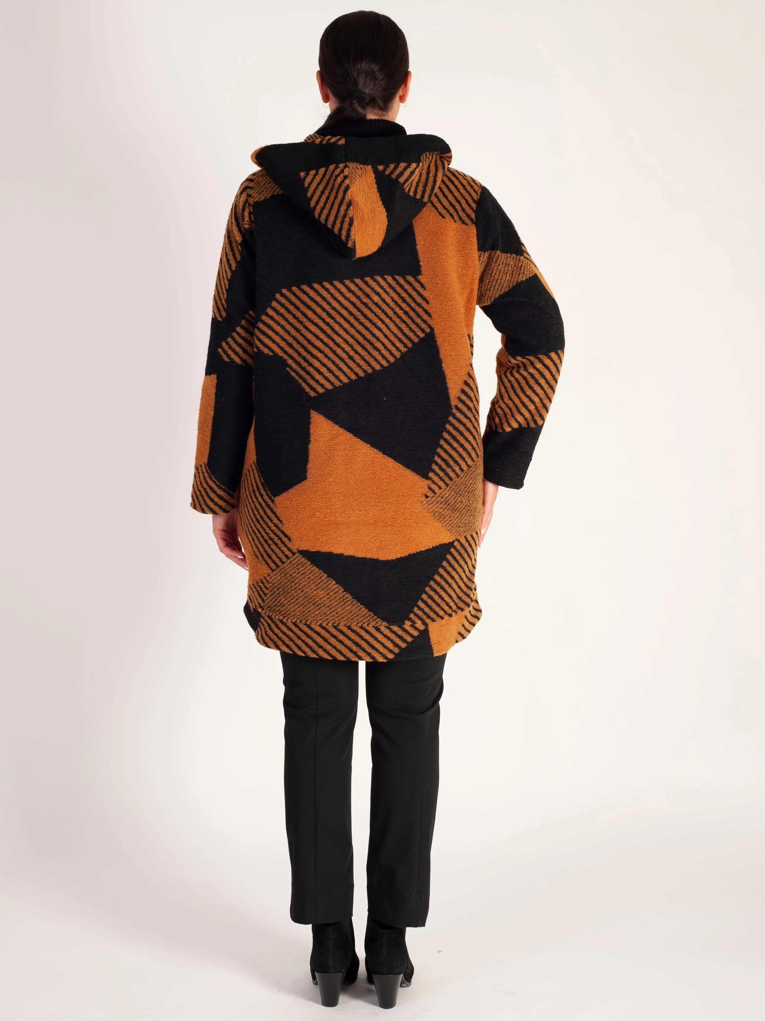 Amber/Black Patchwork Wool Mix Coat with Hood