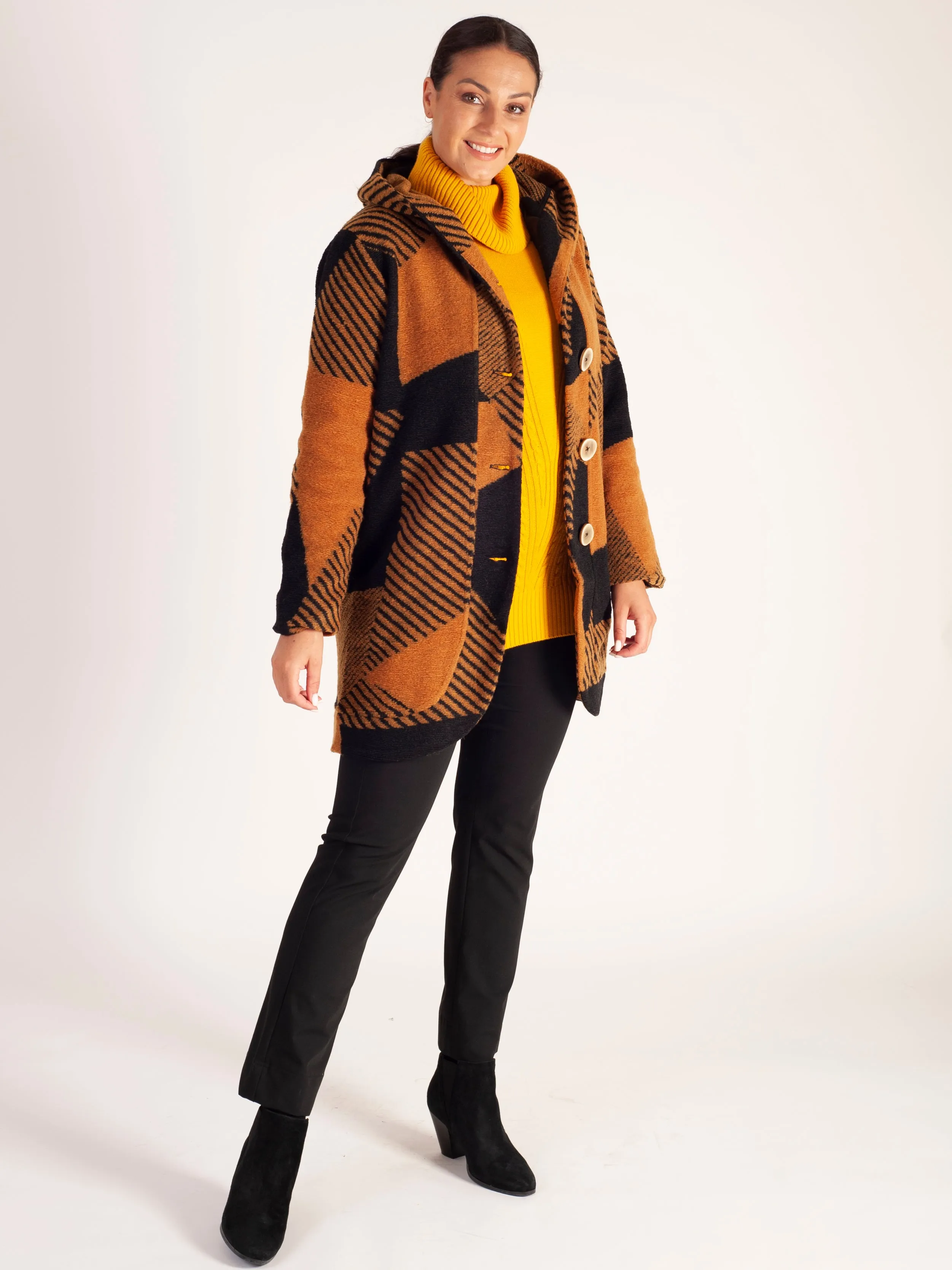 Amber/Black Patchwork Wool Mix Coat with Hood