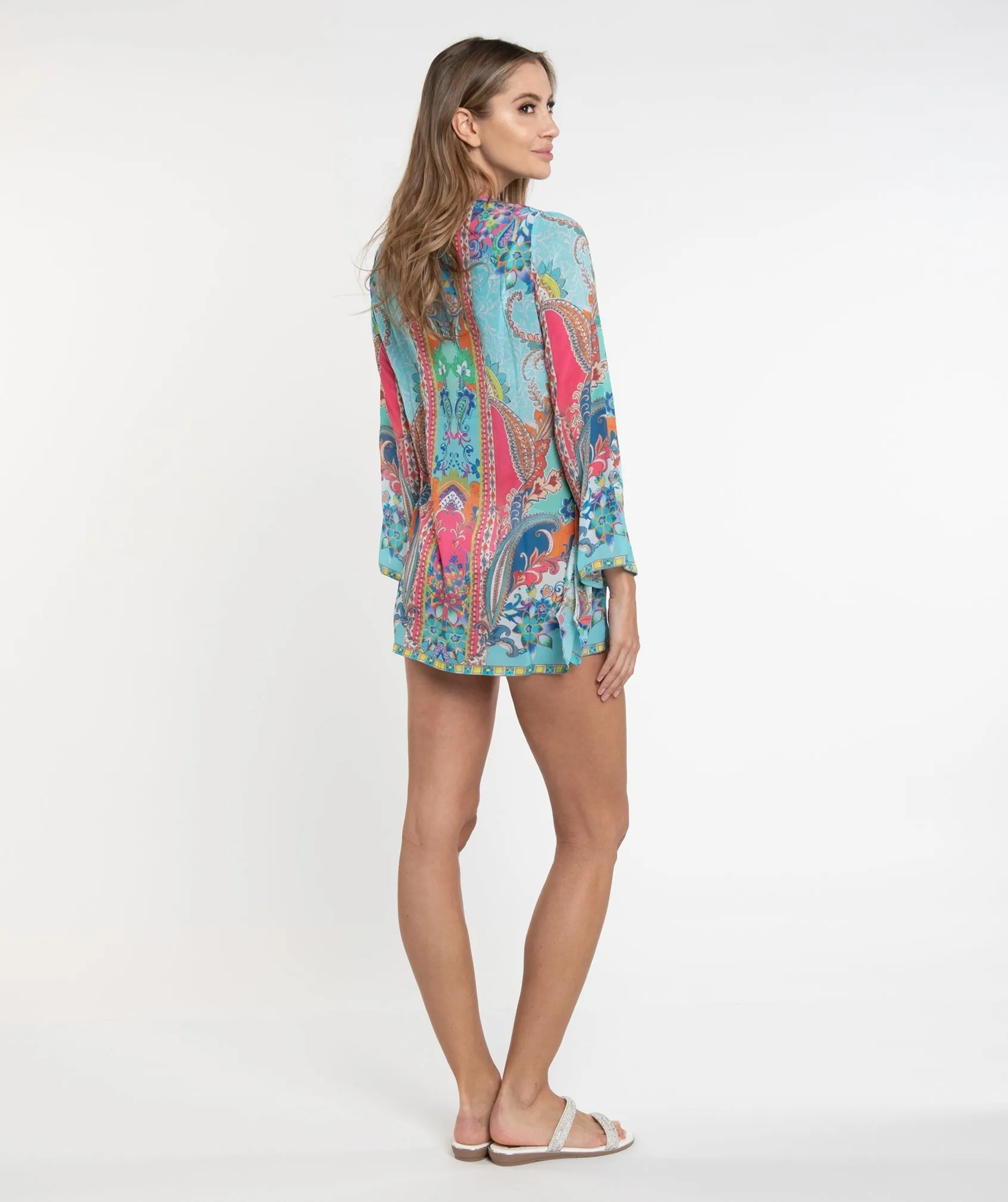 Aquamarine Printed Tunic with Embellished Neckline