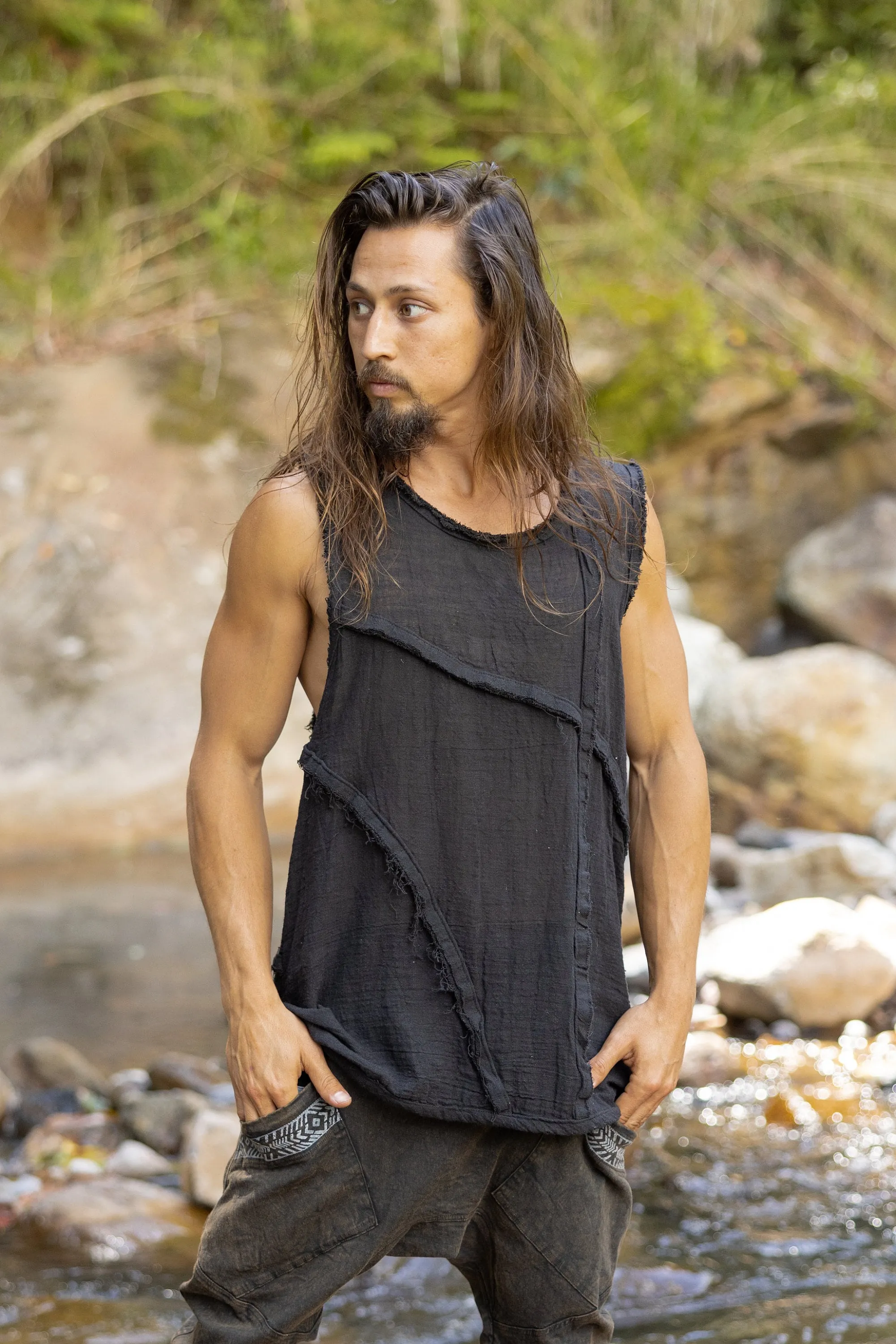 ARIKI Mens Black Tank Muscle Top Sleeveless Shirt Loose Fit Handmade Cotton Tribal Festival Natural Dyed Earthy Dystopian Steampunk AJJAYA