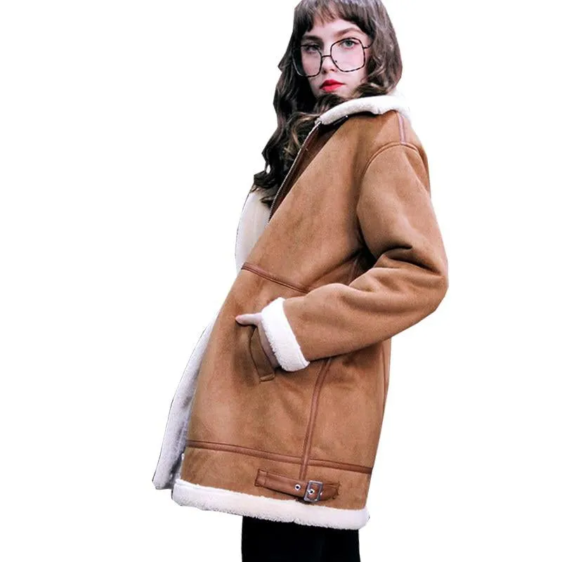 AshoreShop Womens Sheepskin Suede Style Warm Thick Jacket