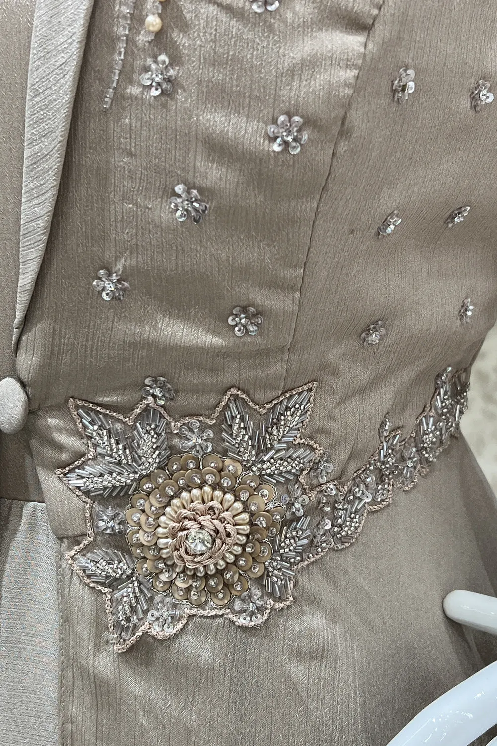 Beige Beads, Pearl and Mirror work Overcoat Styled Indo Western Floor Length Anarkali Suit