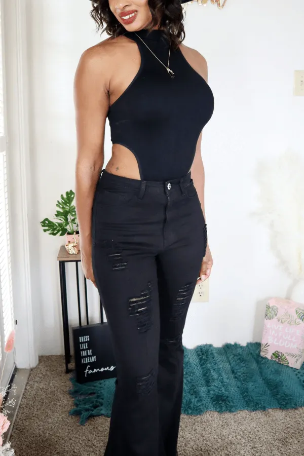 Black High Neck Side Cut Out Bodysuit