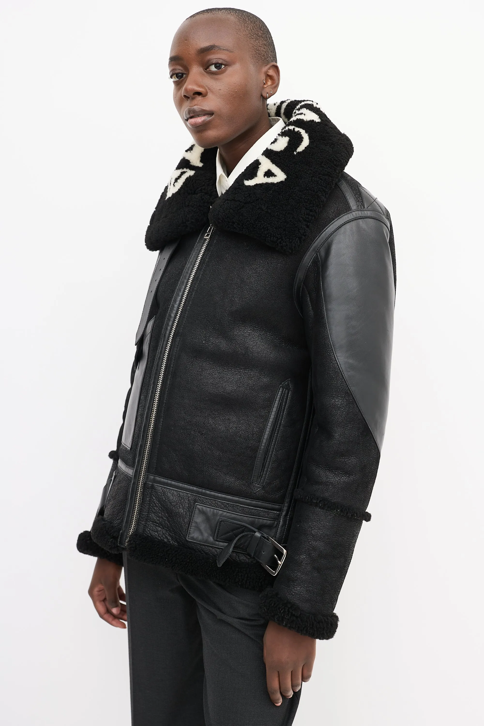 Black Leather Shearling Logo Jacket