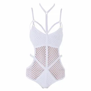 Black Rayon Cross Halter Neck Grid Perspective Knitted Sexy Ladies New Fashion Bodycon Bandage Bodysuits