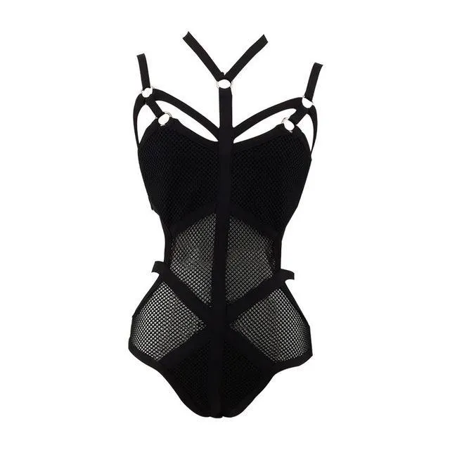 Black Rayon Cross Halter Neck Grid Perspective Knitted Sexy Ladies New Fashion Bodycon Bandage Bodysuits