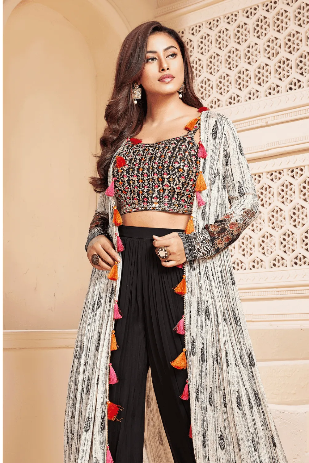 Black with Cream Mirror, Zari, Beads, Thread and Sequins work Long Over Coat Crop Top Palazzo Set