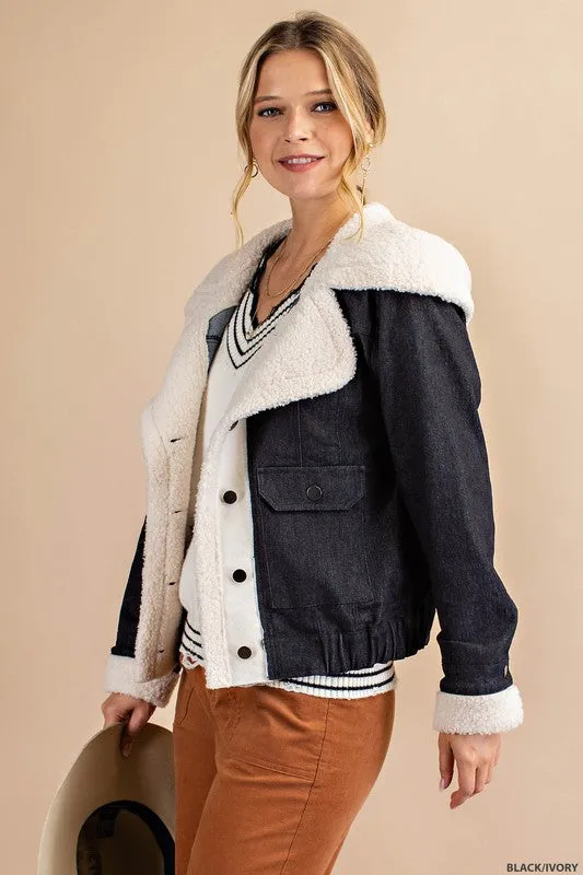 Black/Ivory Faux Suede Piecing And Faux Fur Trim Jacket