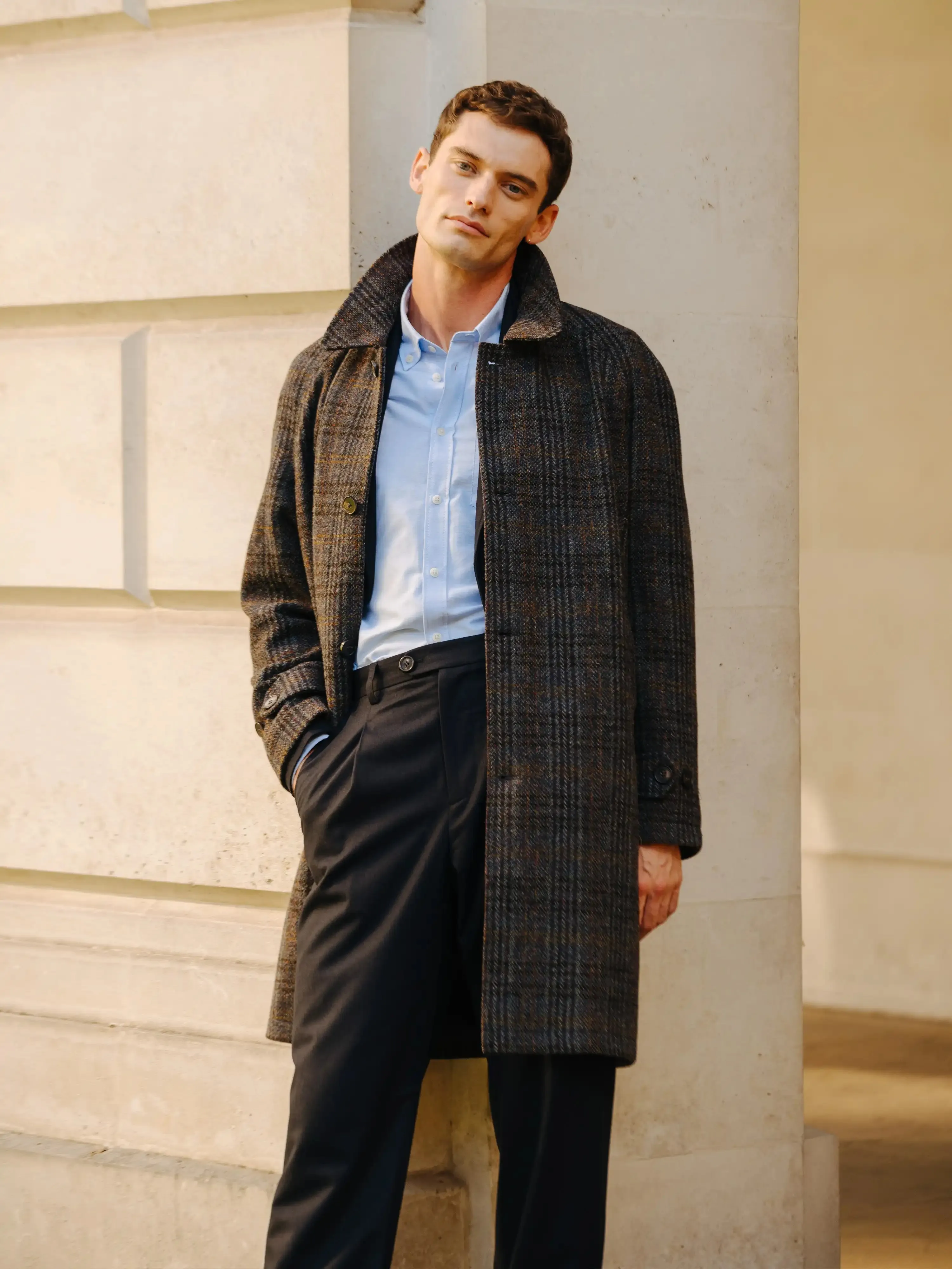 Blue Check Harris Tweed Wool Raglan Overcoat