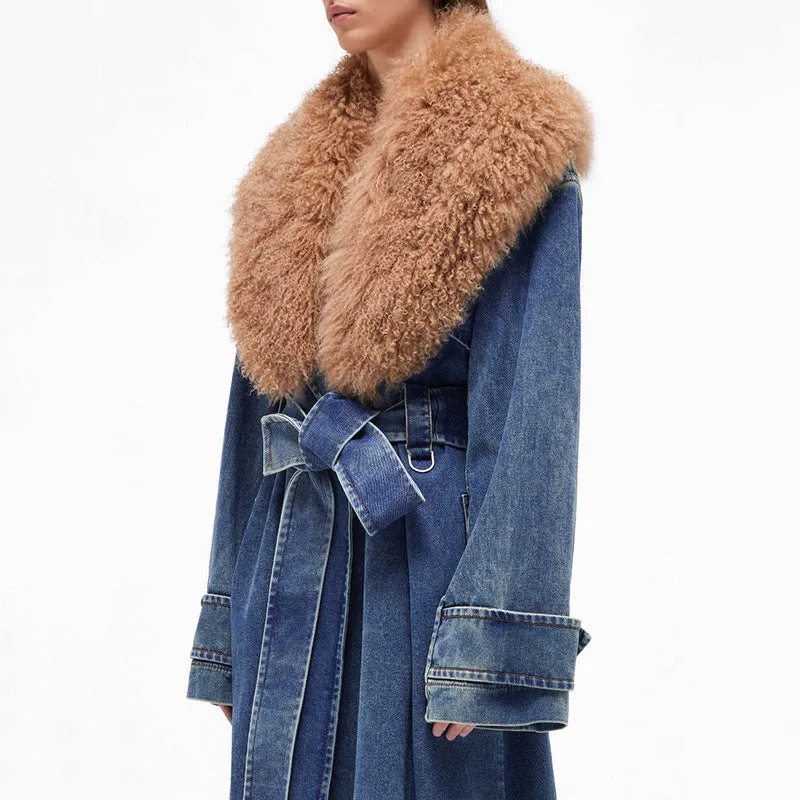 Blue Marine Faded Denim Faux Fur Trench Coat