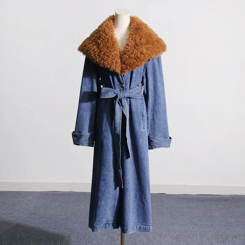 Blue Marine Faded Denim Faux Fur Trench Coat