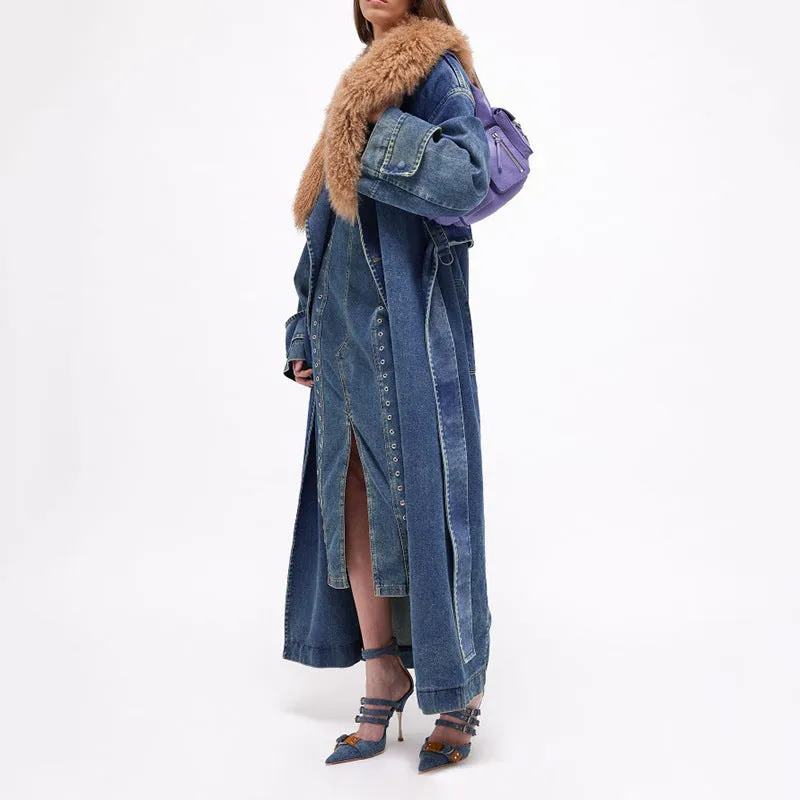 Blue Marine Faded Denim Faux Fur Trench Coat