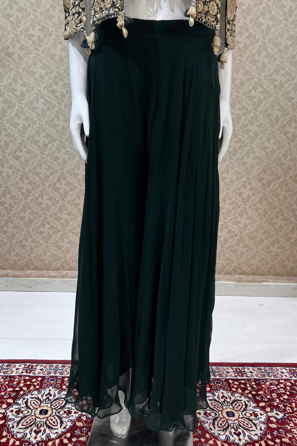 Bottle Green Sequins and Zari work Crop Top with Overcoat Styled Palazzo Suit Set