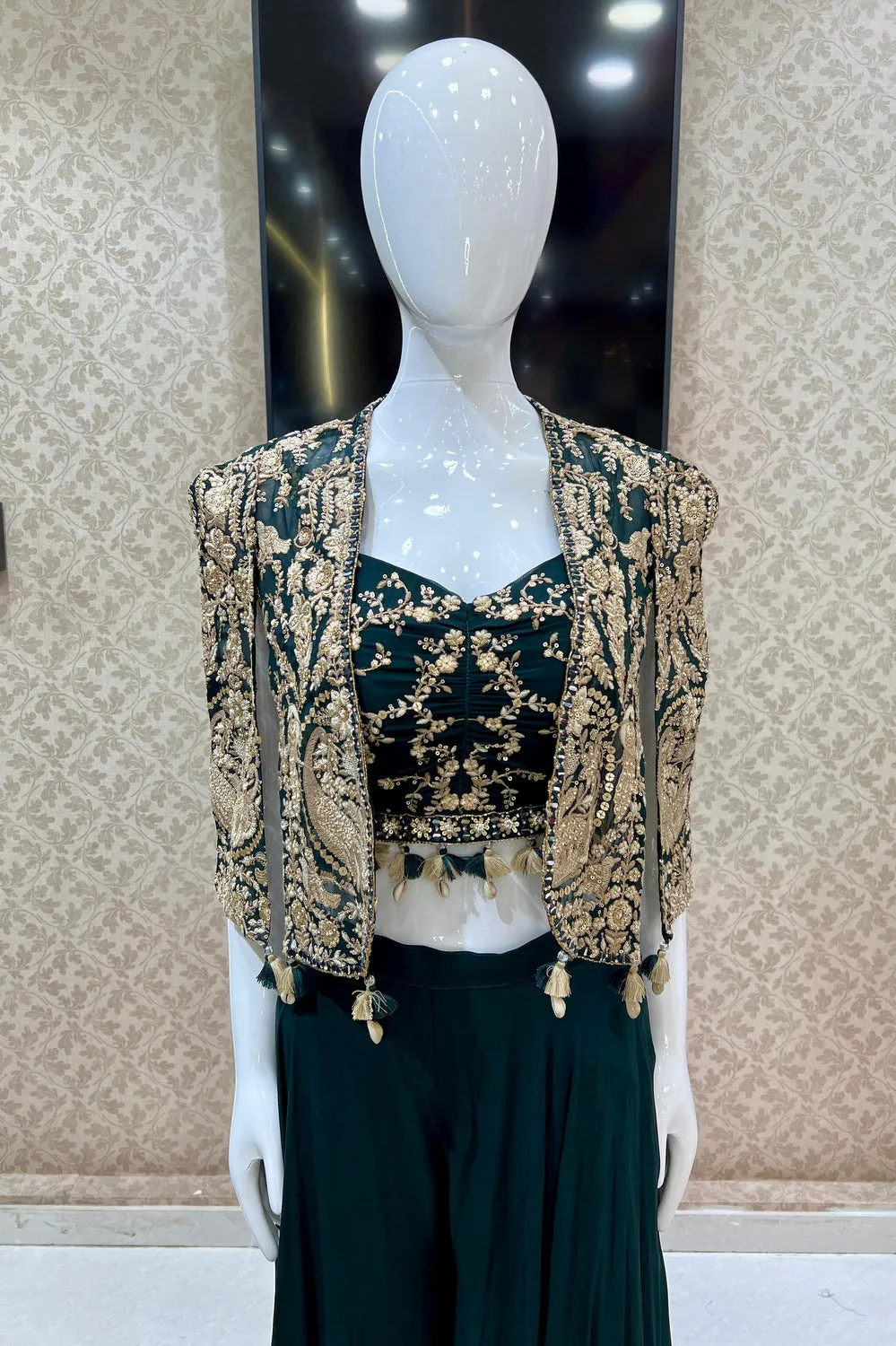 Bottle Green Sequins and Zari work Crop Top with Overcoat Styled Palazzo Suit Set