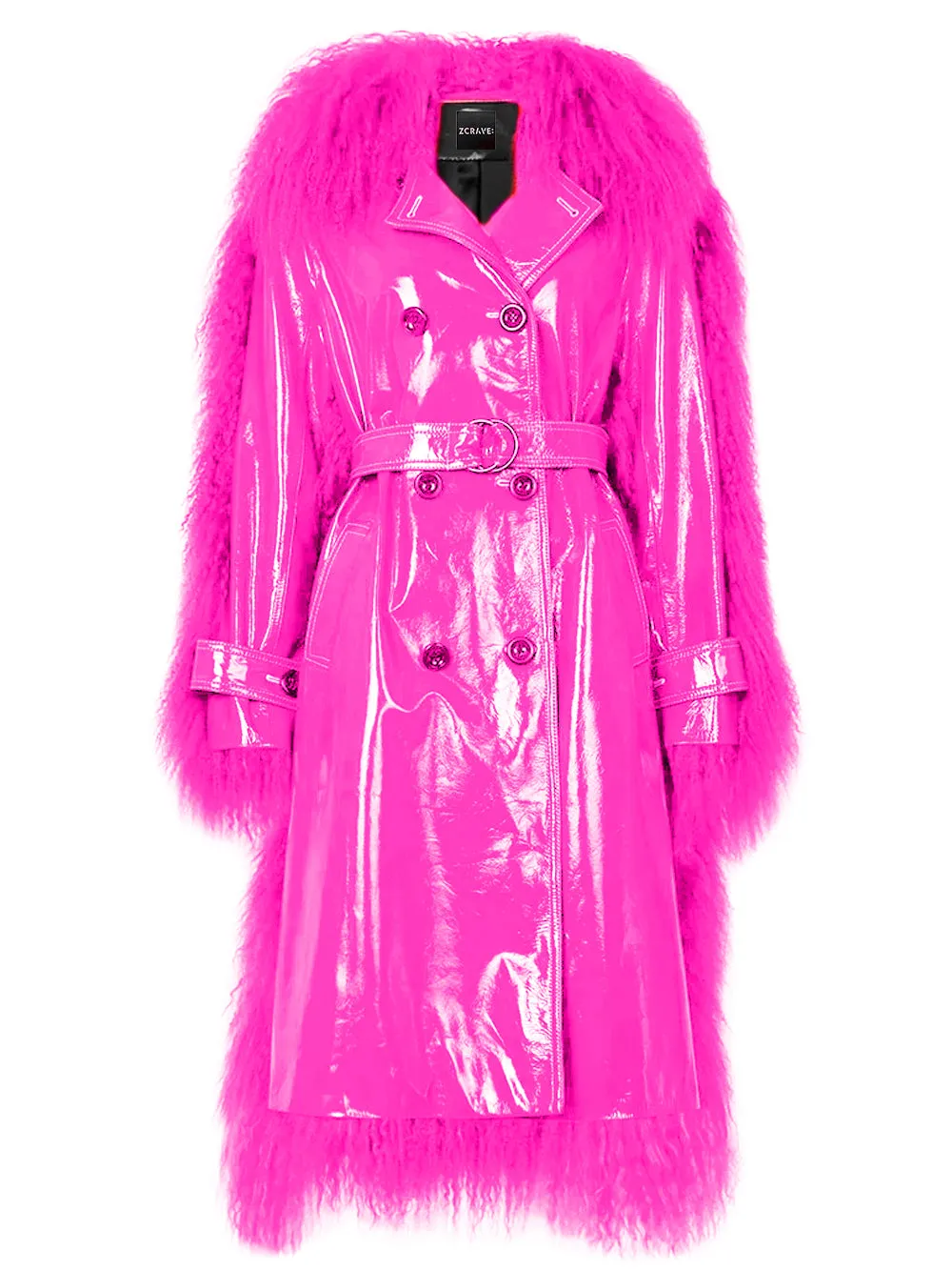 BOWERY Shearling Trim Vinyl Trench Coat