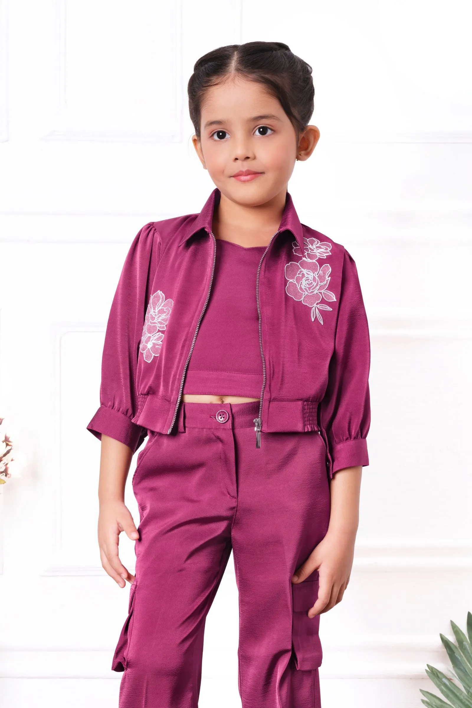 Burgundy Overcoat Styled Co-ord Set for Girls