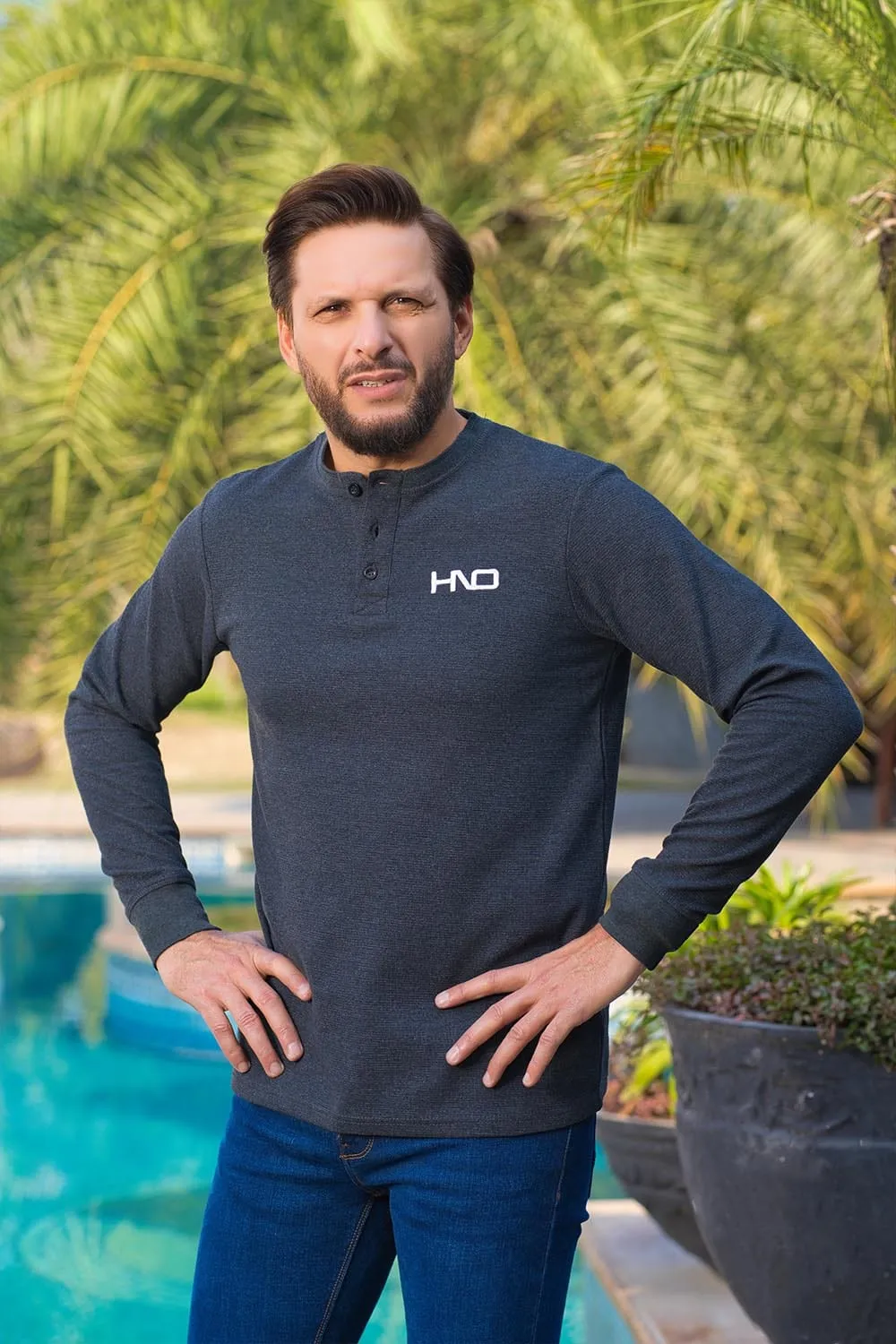 Charcoal Henley Style Sweat Shirt With Embroidered Logo