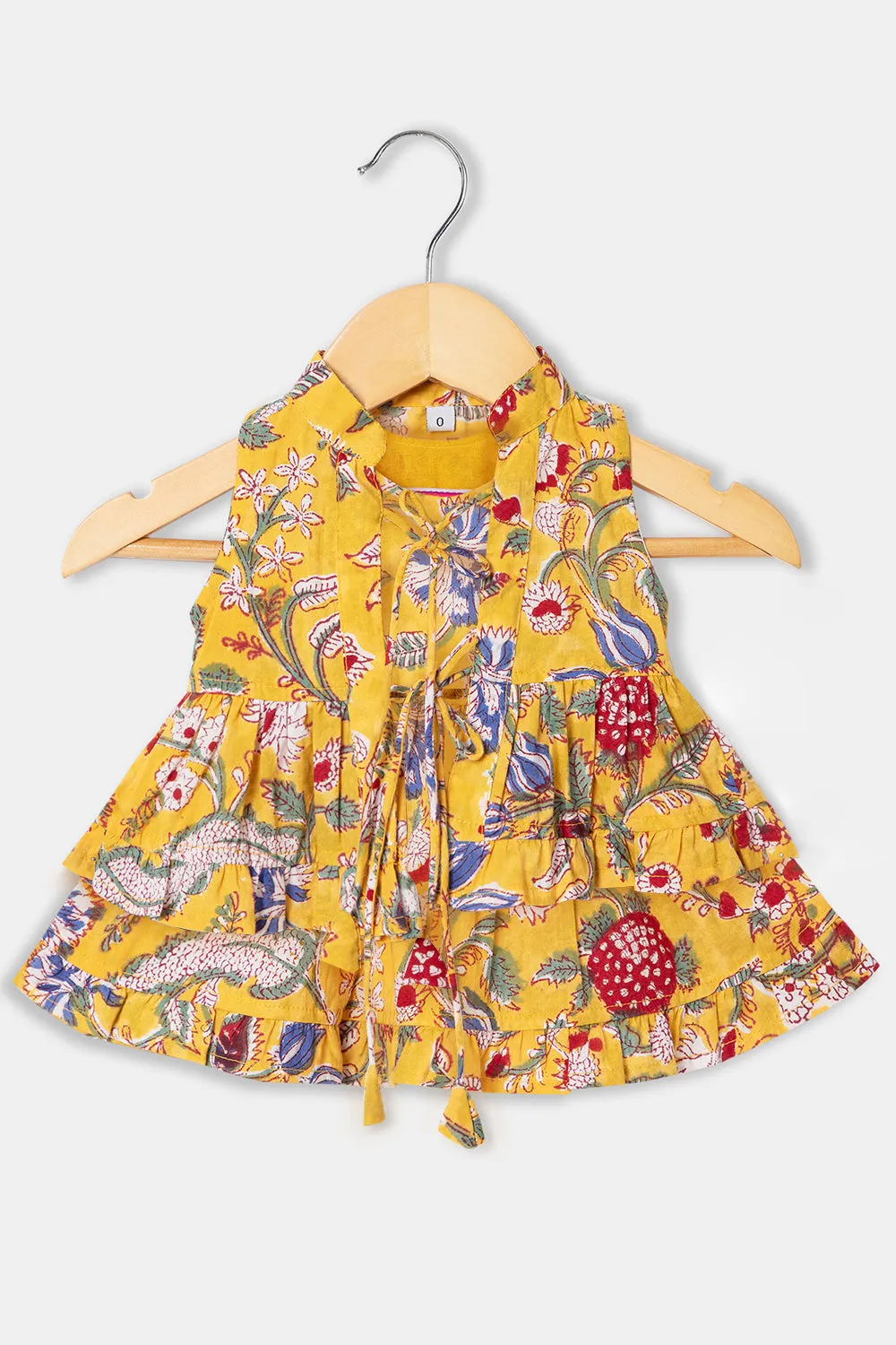 Chittythalli Girls Cottton Round Neck Frock with Mandarian Collar Overcoat - Yellow - FR31