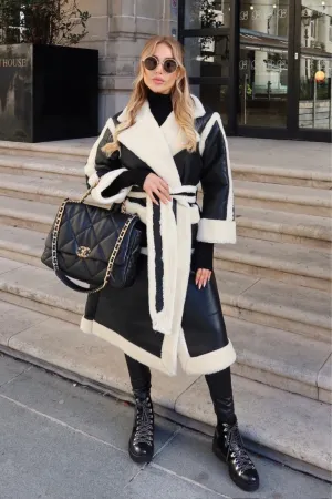 Christina black shearling faux leather long aviator coat