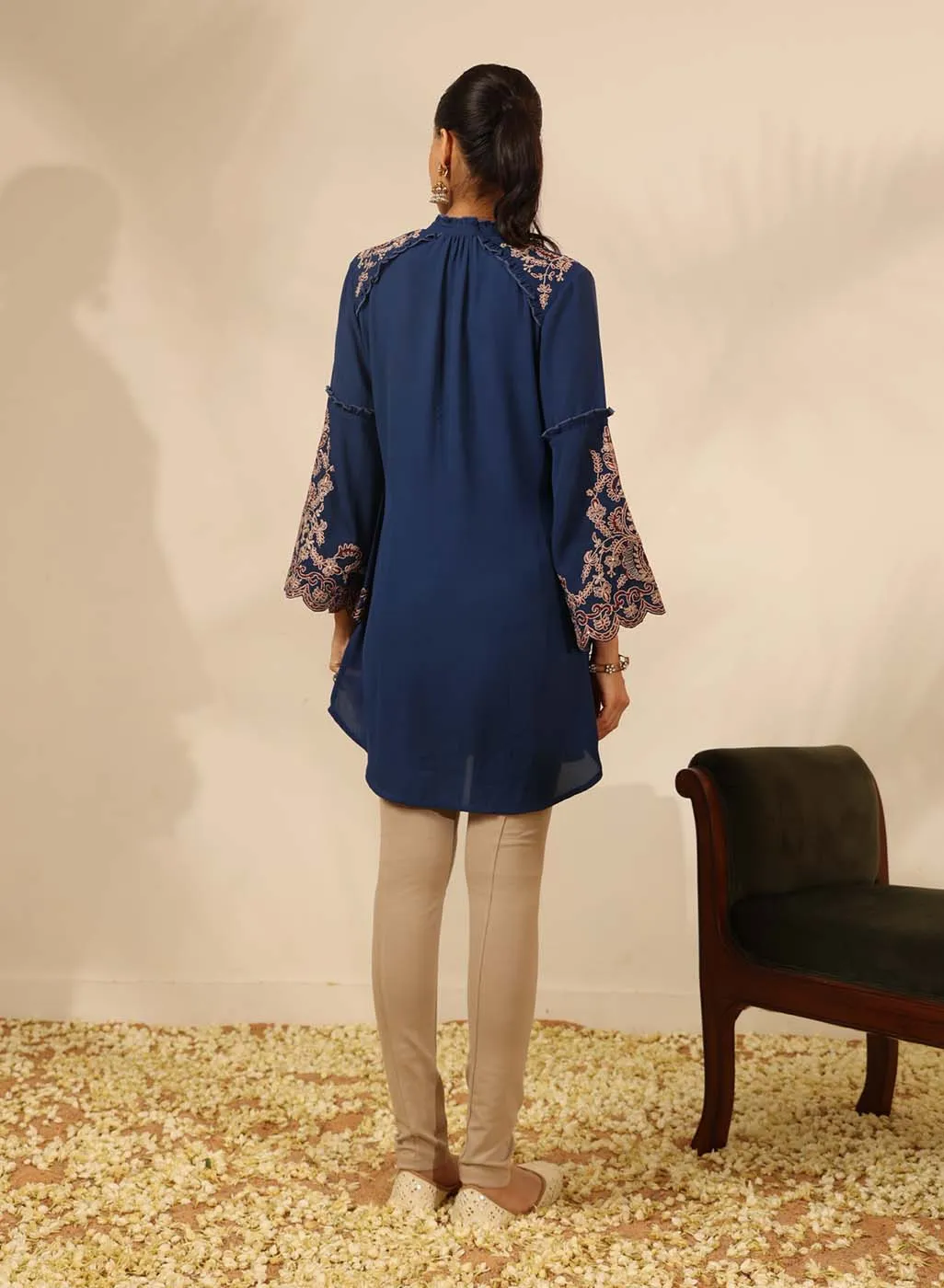 Cobalt Blue Embroidered Tunic with Button Detailing