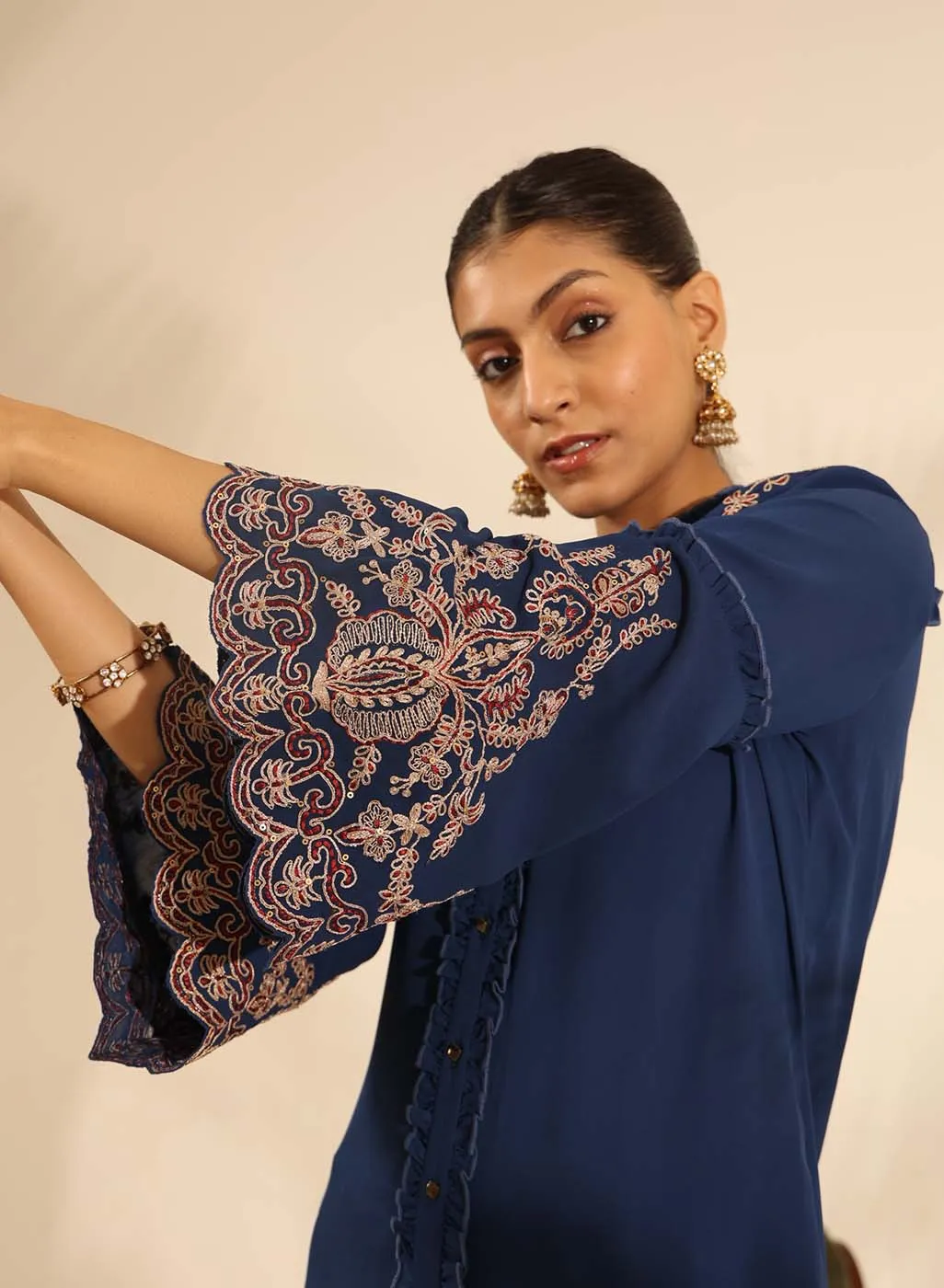 Cobalt Blue Embroidered Tunic with Button Detailing