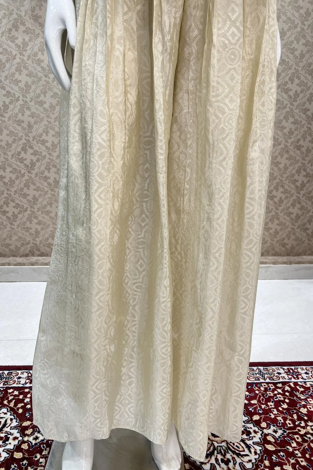 Cream Sequins, Zari, Zardozi and Pearl work Overcoat Styled Brocade Pattern Palazzo Suit Set