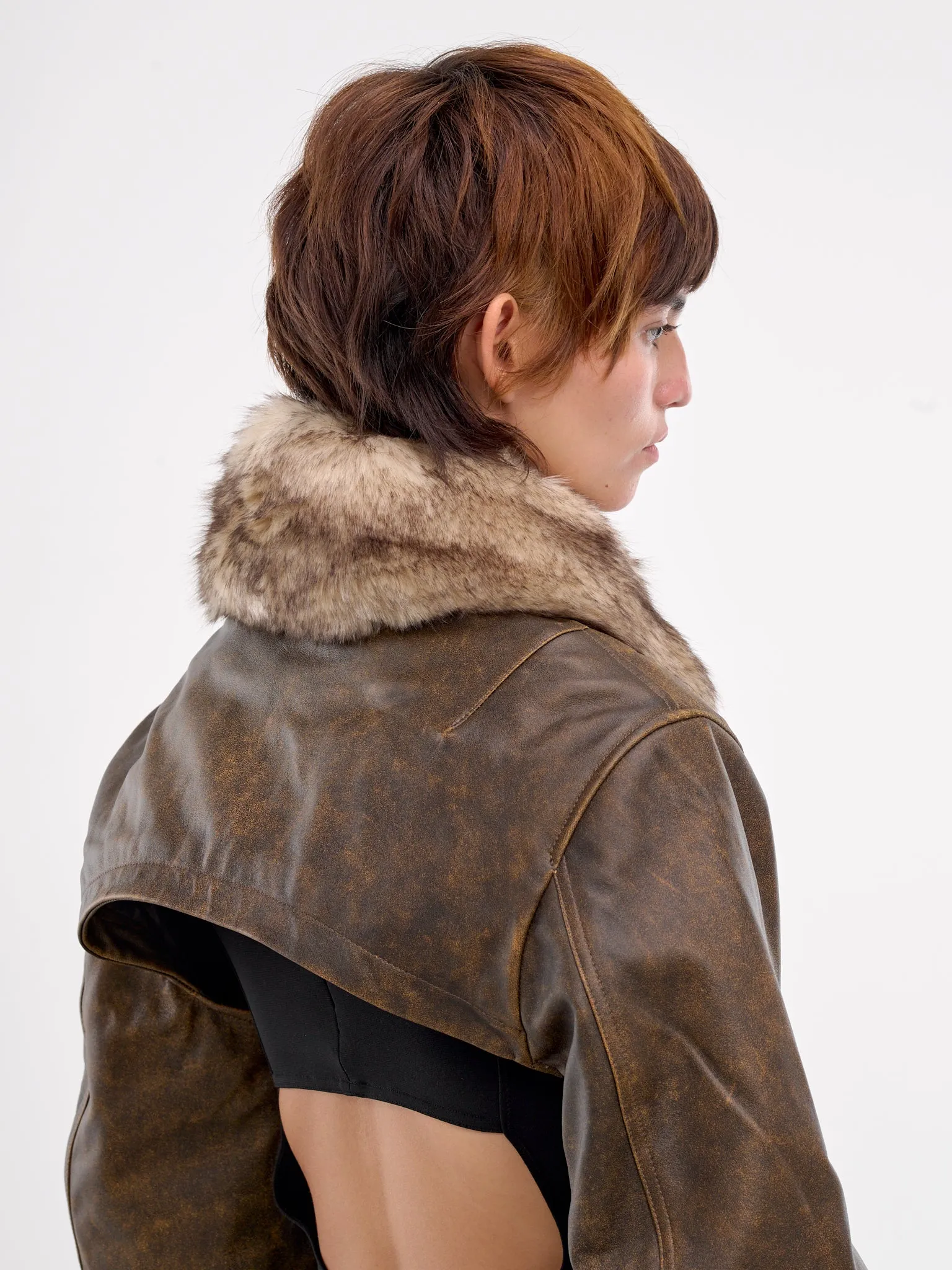 Cropped Leather Bomber Jacket (VAQ08J007-VEILLI-BROWN)