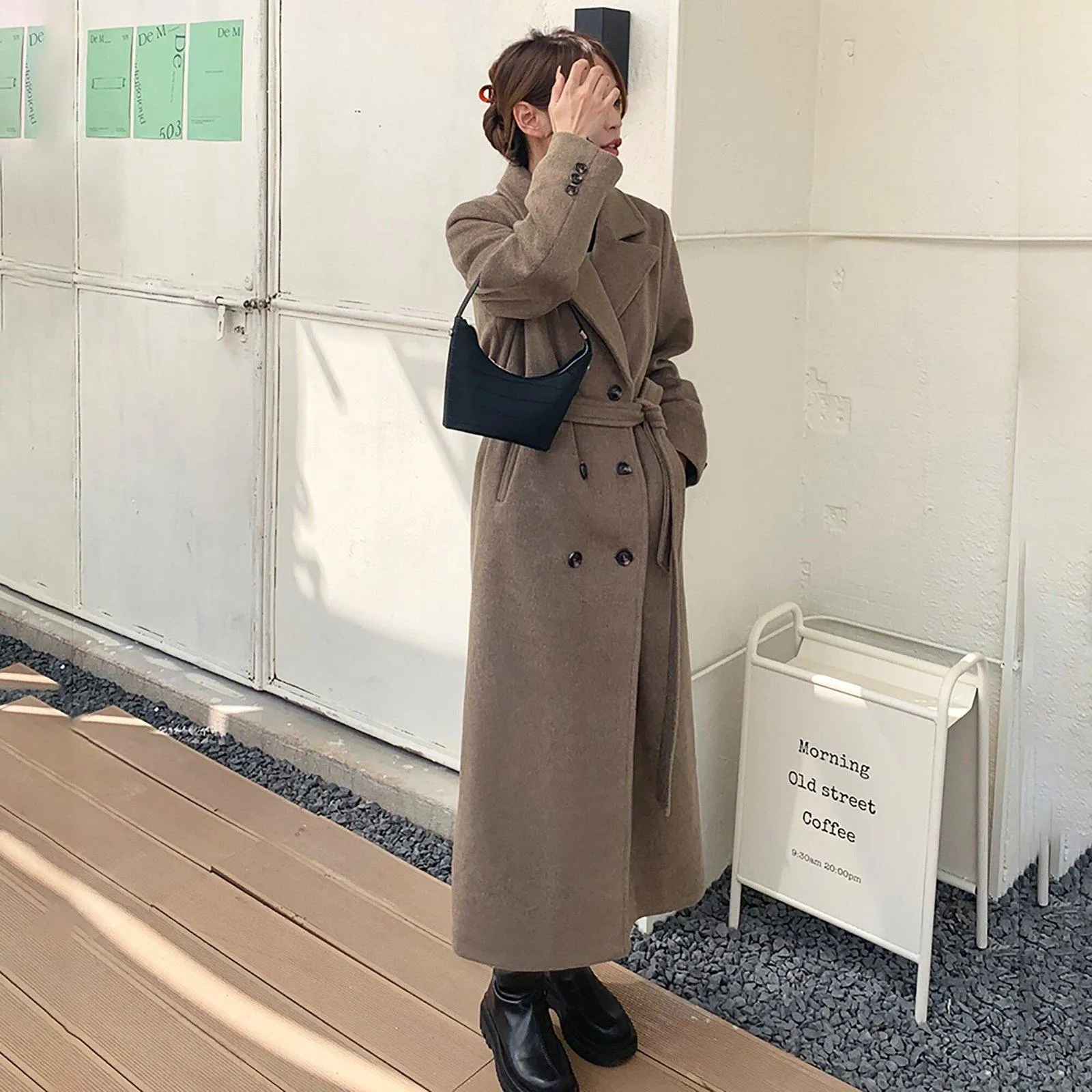 Double Breasted Belted Wrap Wool Long Coat