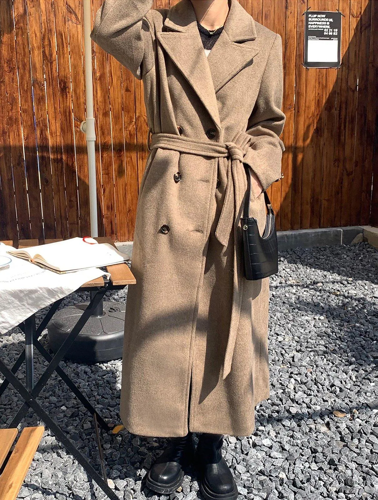 Double Breasted Belted Wrap Wool Long Coat