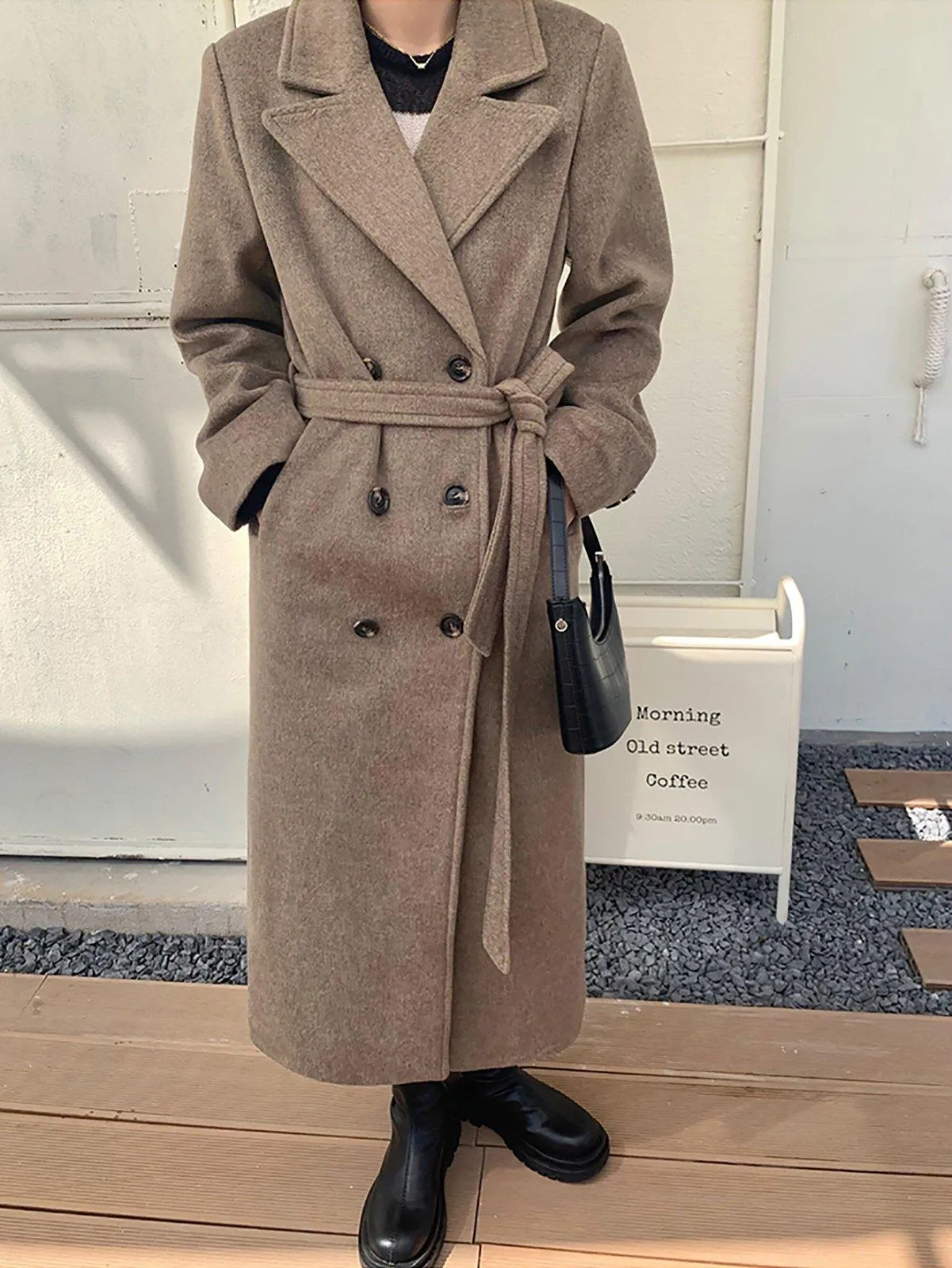 Double Breasted Belted Wrap Wool Long Coat