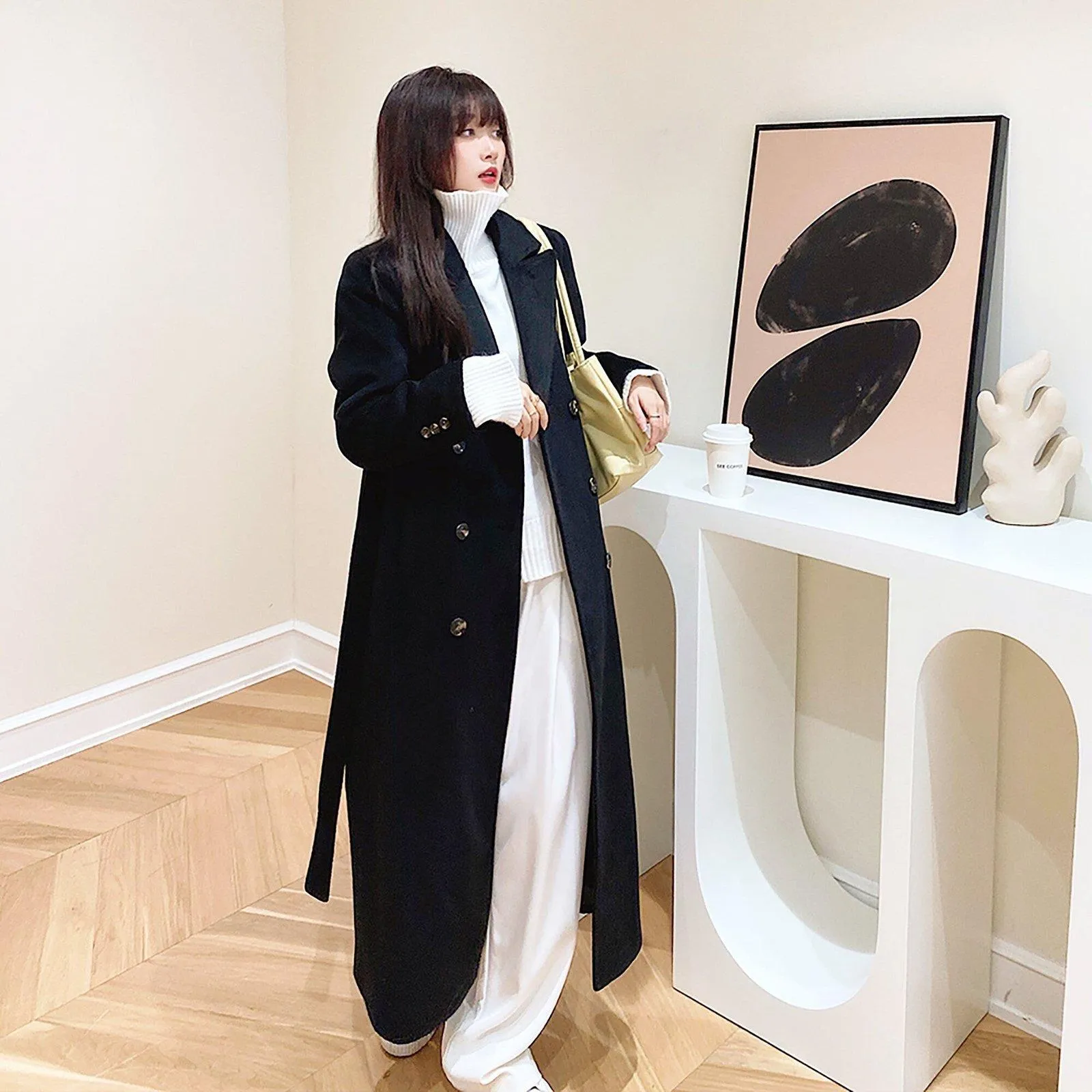 Double Breasted Belted Wrap Wool Long Coat