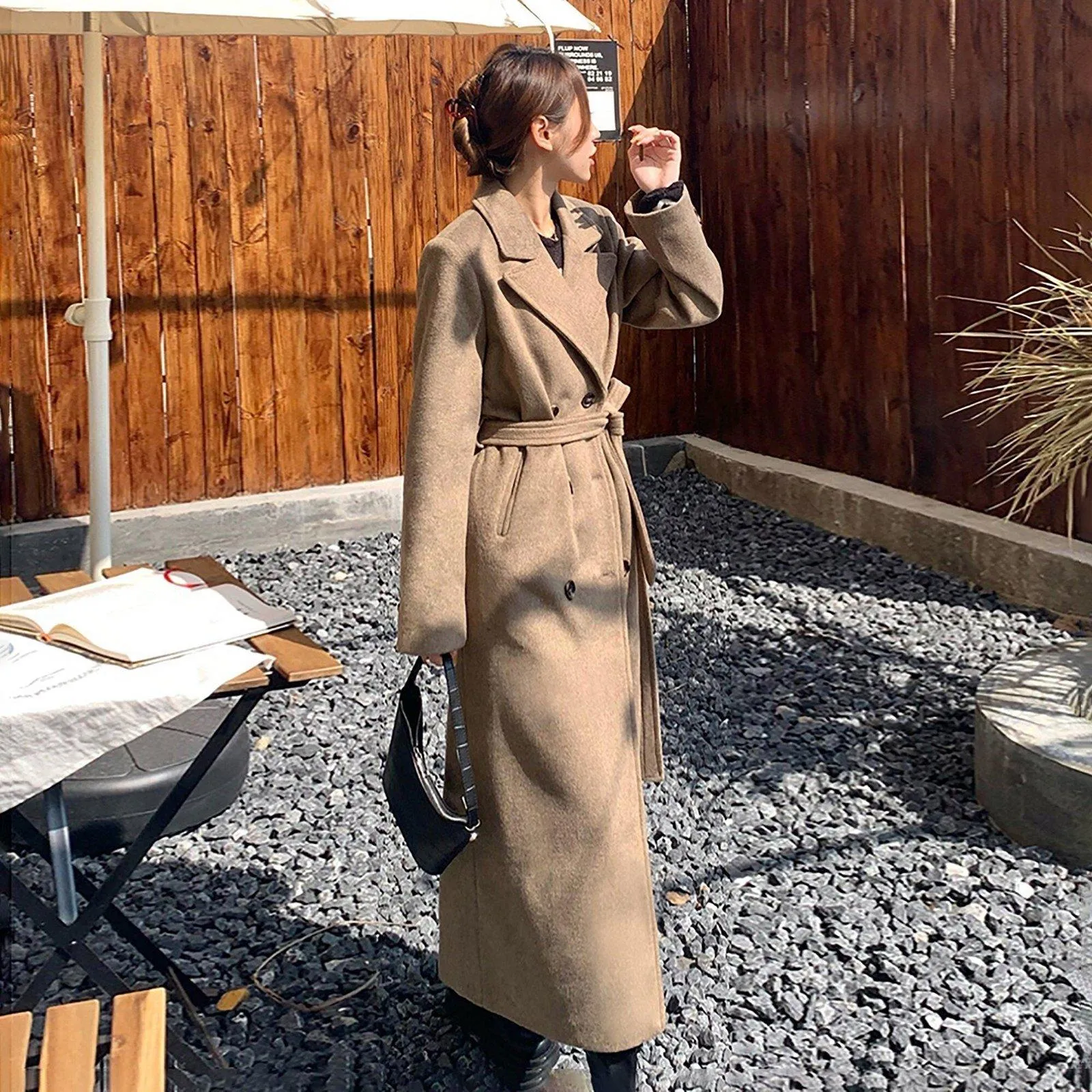 Double Breasted Belted Wrap Wool Long Coat