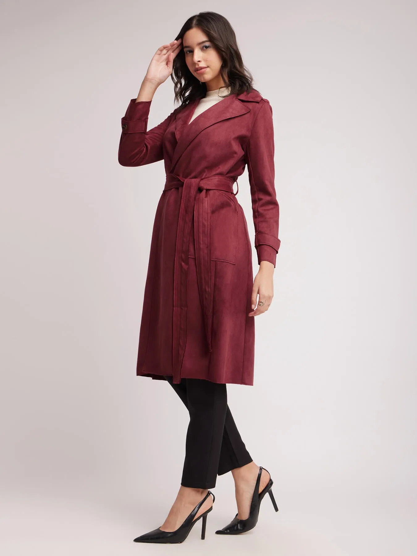 Double Breasted Suede Overcoat - Maroon