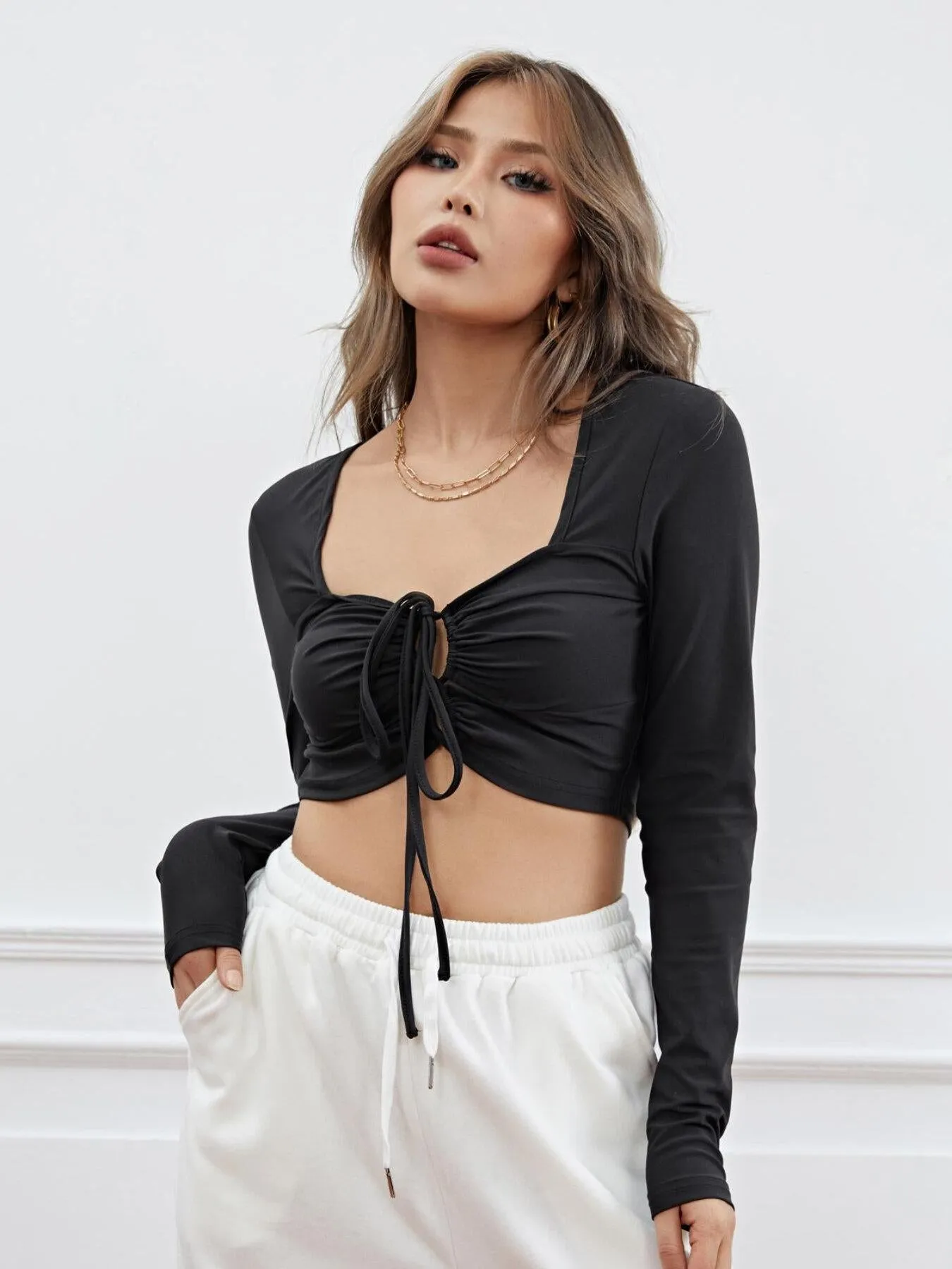 Drawstring Ruched Backless Crop Top