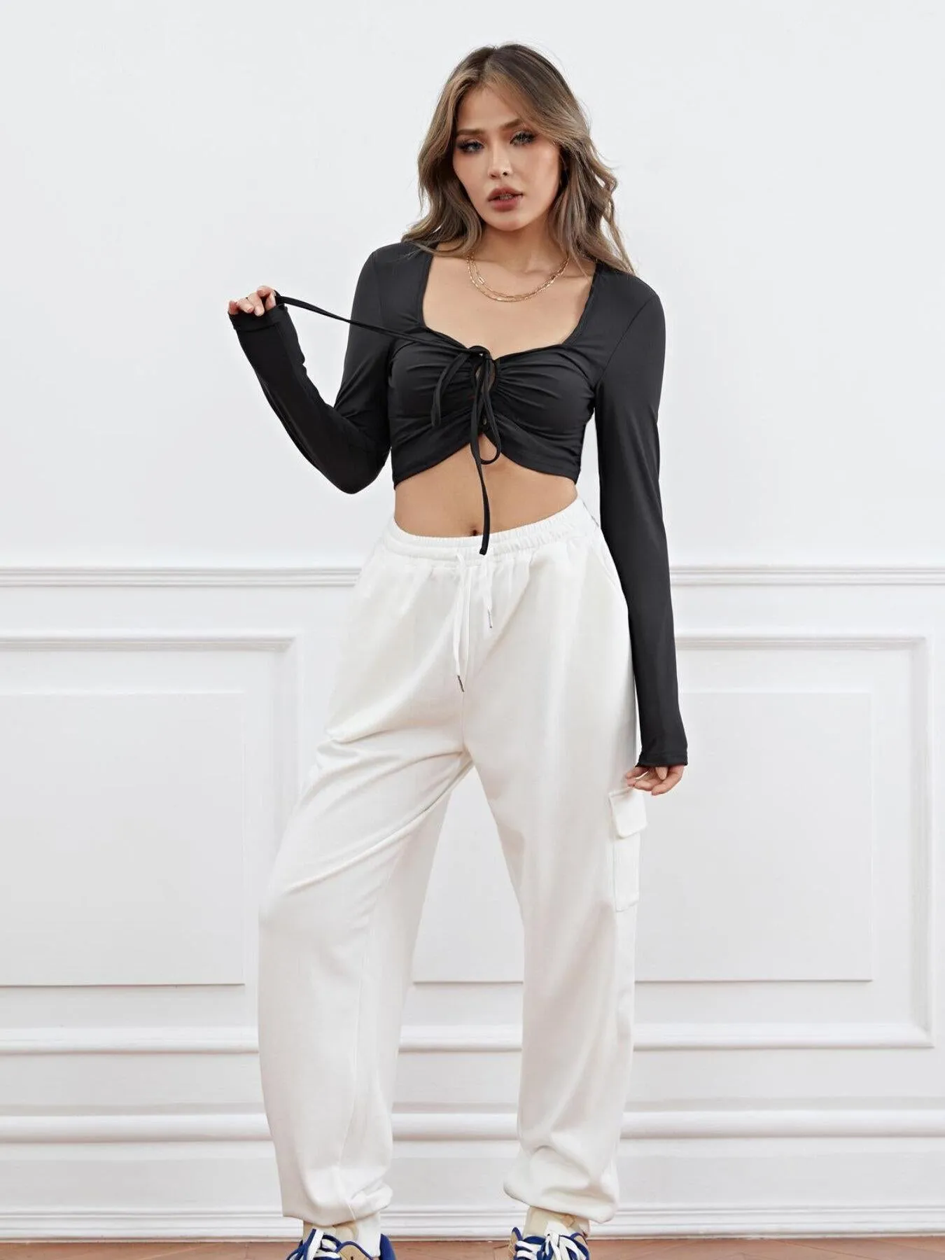 Drawstring Ruched Backless Crop Top