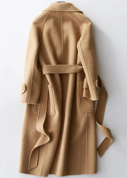 Elegant plus size clothing long jackets lapel collar women coats khaki tie waist wool overcoat