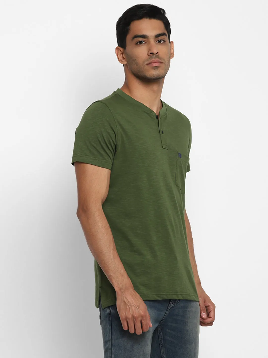 Essentials Olive Solid Henley Neck T-Shirt