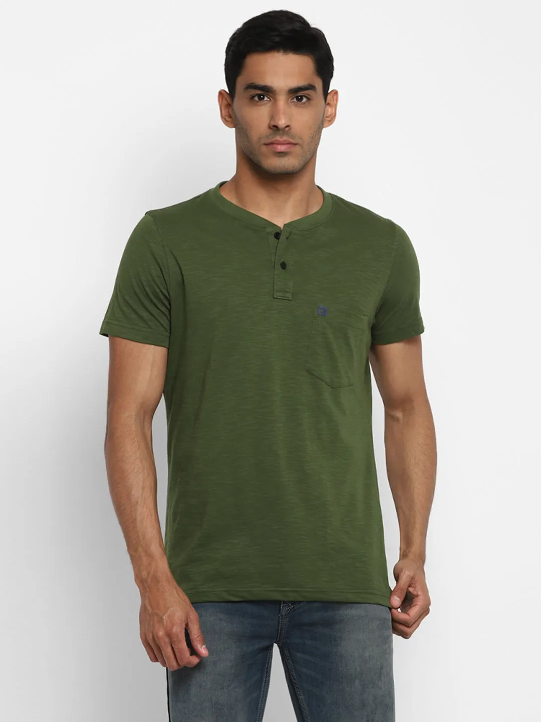 Essentials Olive Solid Henley Neck T-Shirt