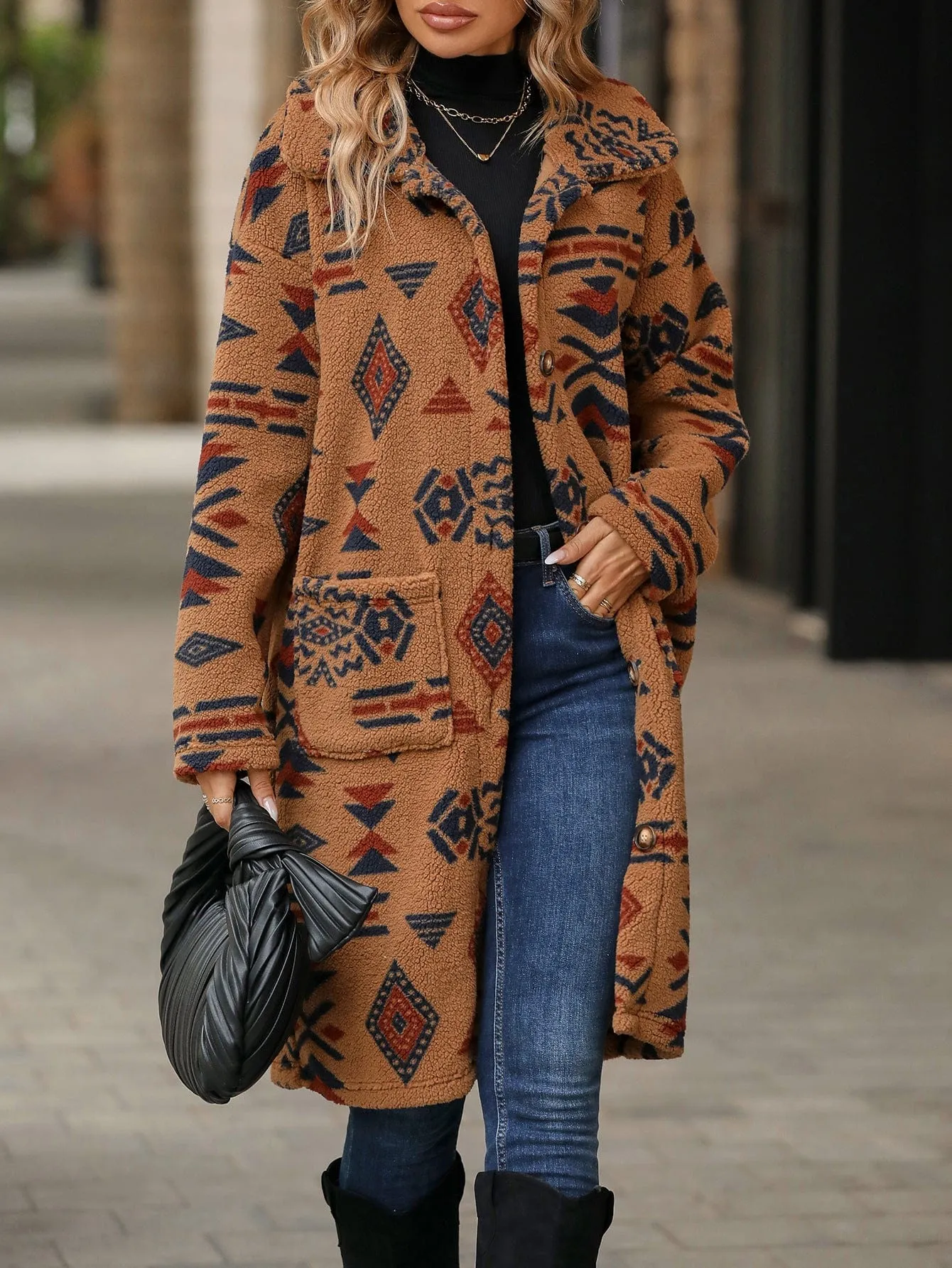 Ethnic Print Plush Long Overcoat