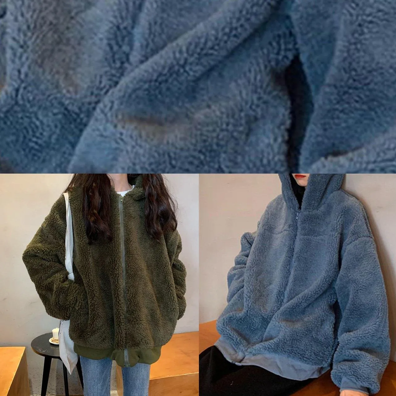 Fashion blue woolen overcoat Loose fitting mid-length coats hooded winter outwear