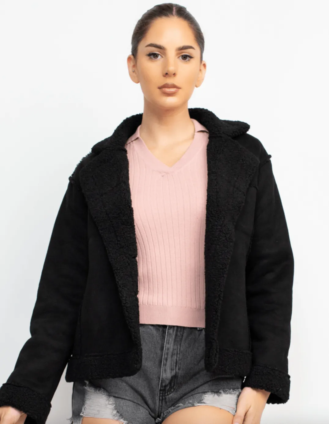 Faux suede Shearling lined short coat HMJ20963