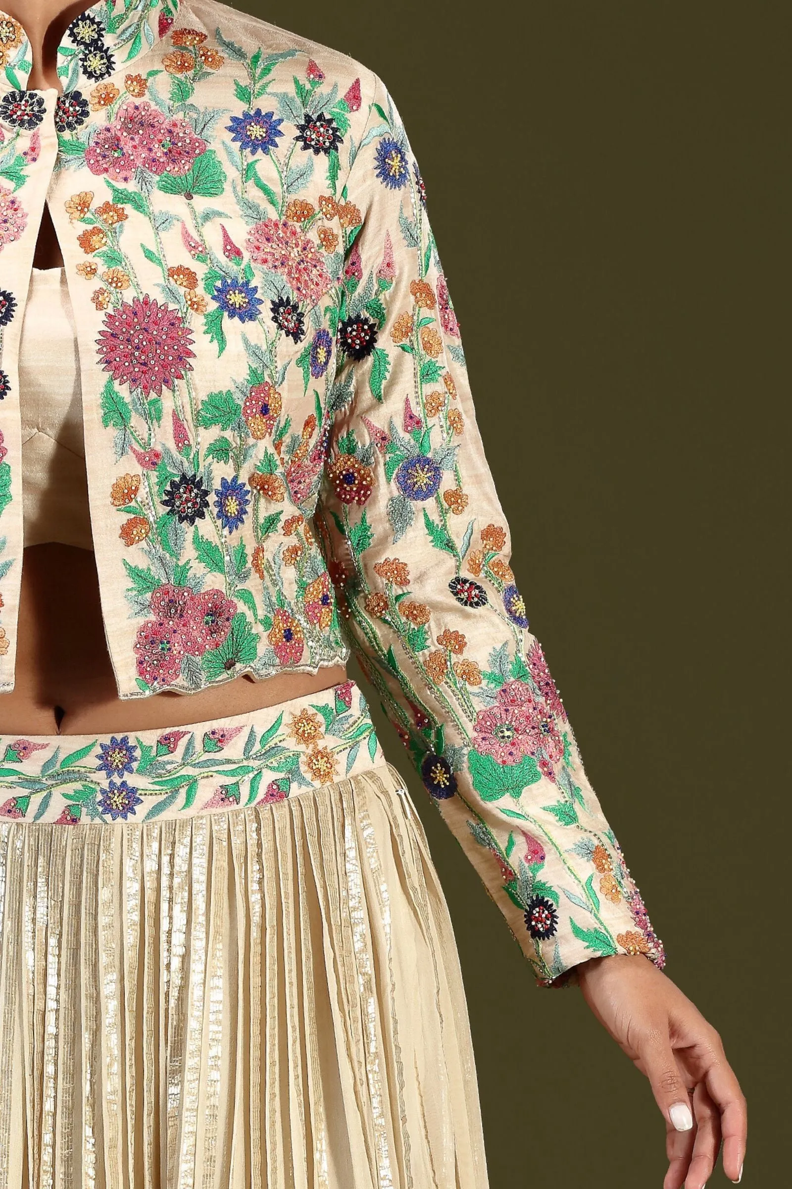 Fawn Multicolor Embroidery and Beads work Jacket Styled Crop Top Lehenga